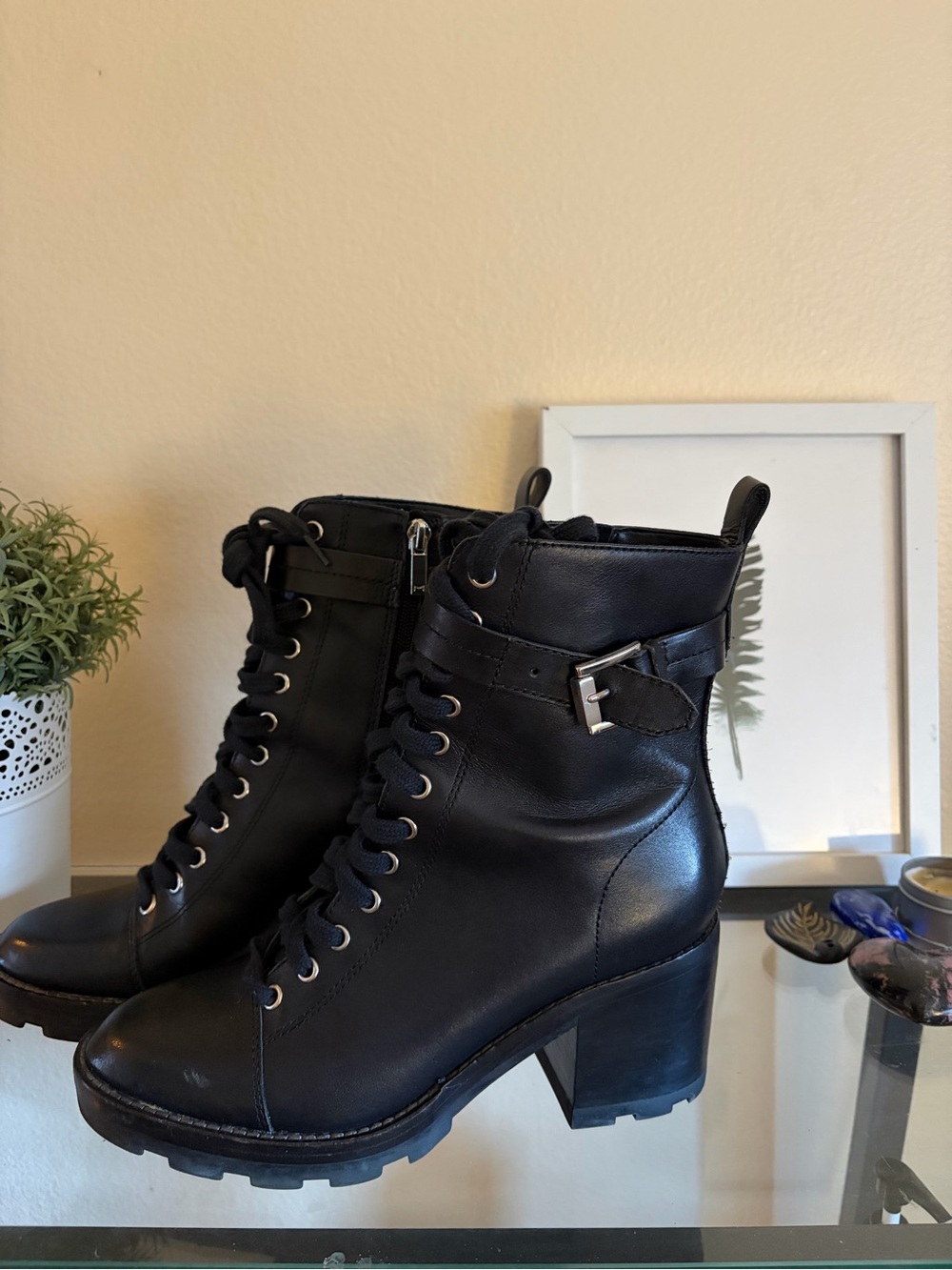 Marc Fisher Black Leather Lug Sole Combat Boots - Size 8
